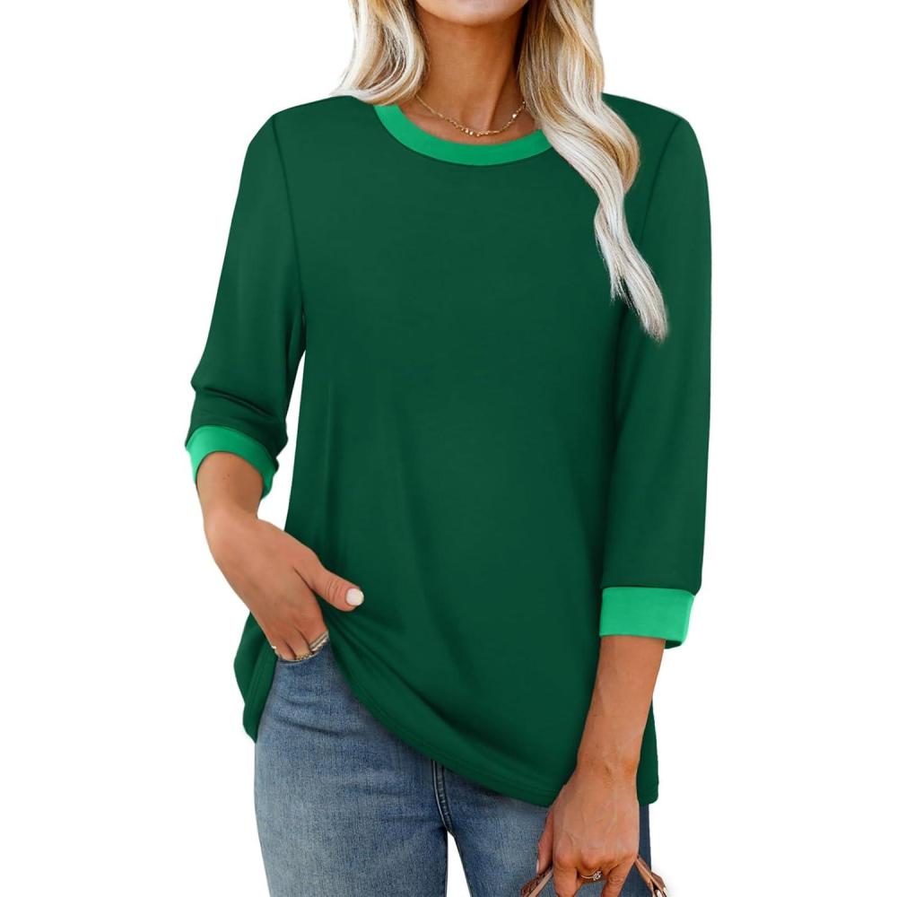 image:imageXIEERDUO Womens T Shirts 34 Length Sleeve Womens Tops Dressy Casual Crew Neck Color Block Tunic TopsGreen