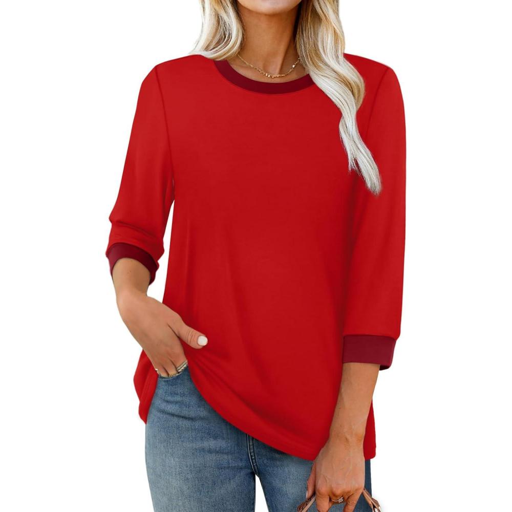 image:imageXIEERDUO Womens T Shirts 34 Length Sleeve Womens Tops Dressy Casual Crew Neck Color Block Tunic TopsRed