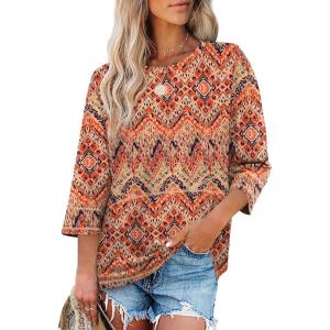XIEERDUO 3/4 Length Sleeve Tops for Women Business Casual Blouses Slit Side Shirts Blouses Summer Fashion Clothes 2026(1-boho Print)