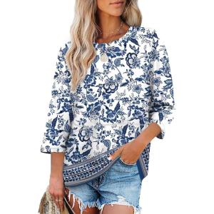 XIEERDUO 3/4 Length Sleeve Tops for Women Business Casual Blouses Slit Side Shirts Blouses Summer Fashion Clothes 2026(1-floral Blue)