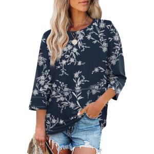 XIEERDUO 3/4 Length Sleeve Tops for Women Business Casual Blouses Slit Side Shirts Blouses Summer Fashion Clothes 2026(1-floral Navy)