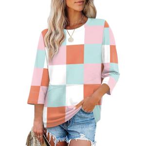 XIEERDUO 3/4 Length Sleeve Tops for Women Business Casual Blouses Slit Side Shirts Blouses Summer Fashion Clothes 2026(1-plaid Print)