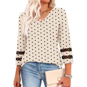 XIEERDUO 3/4 Length Sleeve Womens Tops Dressy Casual Blouses for Women 2025 Trendy V Neck T Shirts Summer Clothes(Z Beige Dot)