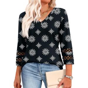 XIEERDUO 3/4 Length Sleeve Womens Tops Dressy Casual Blouses for Women 2025 Trendy V Neck T Shirts Summer Clothes(Z Black Snowflake)
