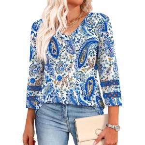 XIEERDUO 3/4 Length Sleeve Womens Tops Dressy Casual Blouses for Women 2025 Trendy V Neck T Shirts Summer Clothes(Z Blue Floral)