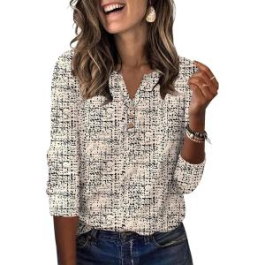 XIEERDUO 3/4 Length Sleeve Womens Tops Fashion Clothing V Neck T Shirts Dressy Blouses Business Casual Outfits Tunic Tops(A-beige Print)