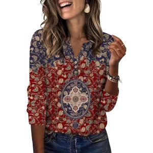 XIEERDUO 3/4 Length Sleeve Womens Tops Fashion Clothing V Neck T Shirts Dressy Blouses Business Casual Outfits Tunic Tops(I-blue Red Print)