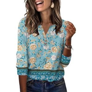 XIEERDUO 3/4 Length Sleeve Womens Tops Fashion Clothing V Neck T Shirts Dressy Blouses Business Casual Outfits Tunic Tops(K-blue Print)