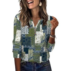 XIEERDUO 3/4 Length Sleeve Womens Tops Fashion Clothing V Neck T Shirts Dressy Blouses Business Casual Outfits Tunic Tops(L-green Print)