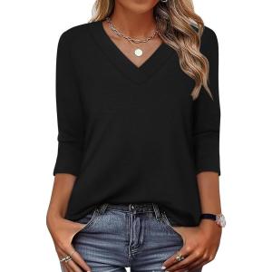 XIEERDUO 3/4 Length Sleeve Womens Tops V Neck T Shirts Summer Clothes Basic Blouses Dressy Casual 2026 Spring Outfits(Black)