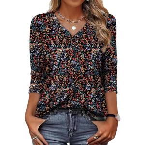 XIEERDUO 3/4 Length Sleeve Womens Tops V Neck T Shirts Summer Clothes Basic Blouses Dressy Casual 2026 Spring Outfits(Patterned-black Floral)