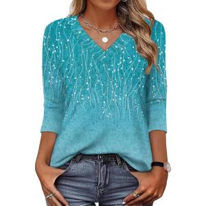 XIEERDUO 3/4 Length Sleeve Womens Tops V Neck T Shirts Summer Clothes Basic Blouses Dressy Casual 2026 Spring Outfits(Patterned-blue Print)