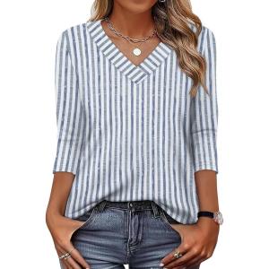 XIEERDUO 3/4 Length Sleeve Womens Tops V Neck T Shirts Summer Clothes Basic Blouses Dressy Casual 2026 Spring Outfits(Patterned-blue Striped)