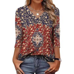 XIEERDUO 3/4 Length Sleeve Womens Tops V Neck T Shirts Summer Clothes Basic Blouses Dressy Casual 2026 Spring Outfits(Patterned-boho Floral)