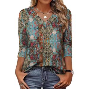 XIEERDUO 3/4 Length Sleeve Womens Tops V Neck T Shirts Summer Clothes Basic Blouses Dressy Casual 2026 Spring Outfits(Patterned-boho Print)