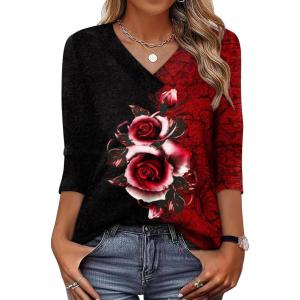 XIEERDUO 3/4 Length Sleeve Womens Tops V Neck T Shirts Summer Clothes Basic Blouses Dressy Casual 2026 Spring Outfits(Patterned-flower)