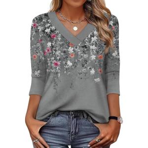 XIEERDUO 3/4 Length Sleeve Womens Tops V Neck T Shirts Summer Clothes Basic Blouses Dressy Casual 2026 Spring Outfits(Patterned-grey Floral)