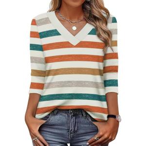 XIEERDUO 3/4 Length Sleeve Womens Tops V Neck T Shirts Summer Clothes Basic Blouses Dressy Casual 2026 Spring Outfits(Patterned-multicolor Stripe)
