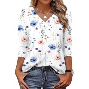 XIEERDUO 3/4 Length Sleeve Womens Tops V Neck T Shirts Summer Clothes Basic Blouses Dressy Casual 2026 Spring Outfits(Patterned-white Floral)