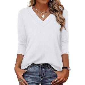 XIEERDUO 3/4 Length Sleeve Womens Tops V Neck T Shirts Summer Clothes Basic Blouses Dressy Casual 2026 Spring Outfits(White)