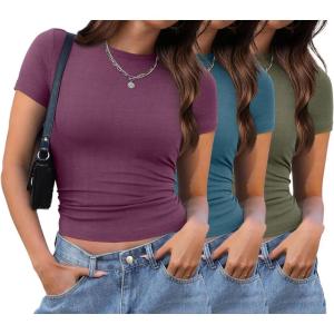 XIEERDUO Basic Tops for Women Short Sleeve Baby Tees 2/3 Pack Crew Neck T Shirts Slim Fit Tees(3 Pack Armygreen/Turquoise/Purplish)