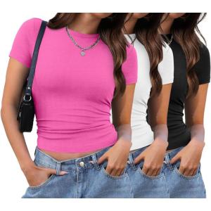 XIEERDUO Basic Tops for Women Short Sleeve Baby Tees 2/3 Pack Crew Neck T Shirts Slim Fit Tees(3 Pack Black/White/Rose)