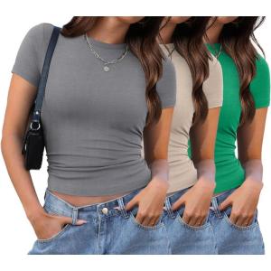 XIEERDUO Basic Tops for Women Short Sleeve Baby Tees 2/3 Pack Crew Neck T Shirts Slim Fit Tees(3 Pack Lightgrey/Khaki/Green)