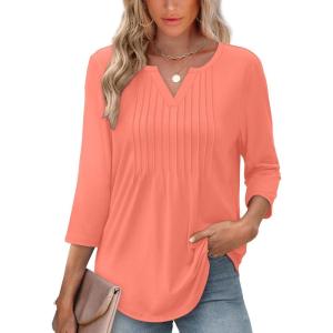 XIEERDUO Womens 3/4 Sleeve Tops 2026 V-Neck Summer Outfits Casual Pleated Shirts Blouses Beach Vacation Spring Clothes(A-coral)