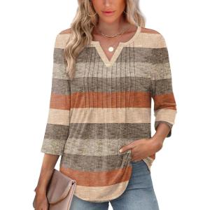 XIEERDUO Womens 3/4 Sleeve Tops 2026 V-Neck Summer Outfits Casual Pleated Shirts Blouses Beach Vacation Spring Clothes(F-clay Stripe)