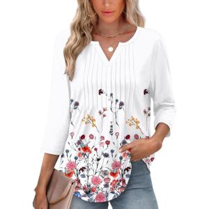 XIEERDUO Womens 3/4 Sleeve Tops 2026 V-Neck Summer Outfits Casual Pleated Shirts Blouses Beach Vacation Spring Clothes(F-dandelion)