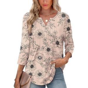 XIEERDUO Womens 3/4 Sleeve Tops 2026 V-Neck Summer Outfits Casual Pleated Shirts Blouses Beach Vacation Spring Clothes(F-khaki Ink Floral)