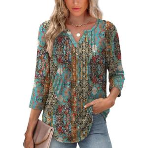 XIEERDUO Womens 3/4 Sleeve Tops 2026 V-Neck Summer Outfits Casual Pleated Shirts Blouses Beach Vacation Spring Clothes(F-vintage Boho)