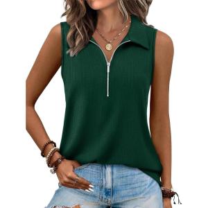 XIEERDUO Womens Summer Tops V Neck Collared Shirts Dressy Casual Ribbed Tank Top with Zipper Loose Fit(C Green)