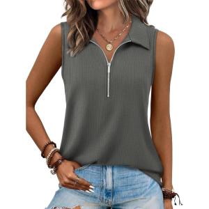 XIEERDUO Womens Summer Tops V Neck Collared Shirts Dressy Casual Ribbed Tank Top with Zipper Loose Fit(C Grey)
