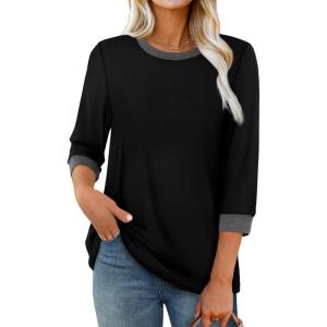 XIEERDUO Womens T Shirts 3/4 Length Sleeve Womens Tops Dressy Casual Crew Neck Color Block Tunic Tops(0- Black)