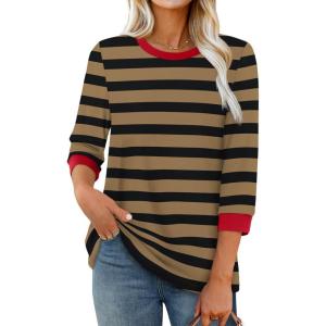 XIEERDUO Womens T Shirts 3/4 Length Sleeve Womens Tops Dressy Casual Crew Neck Color Block Tunic Tops(Striped Coffee)