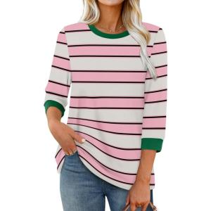 XIEERDUO Womens T Shirts 3/4 Length Sleeve Womens Tops Dressy Casual Crew Neck Color Block Tunic Tops(Striped Pink)