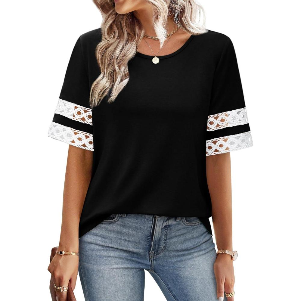 image:imageXIEERDUO Women Blouses Dressy Casual Summer Tops Color Block Short Sleeve Shirts Fashion Business Casual OutfitsBlack