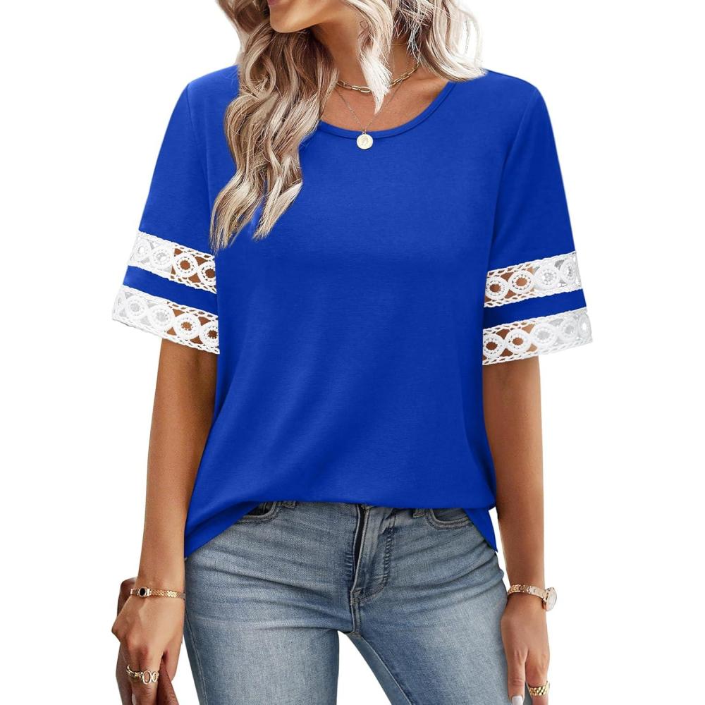 image:imageXIEERDUO Women Blouses Dressy Casual Summer Tops Color Block Short Sleeve Shirts Fashion Business Casual OutfitsBlue