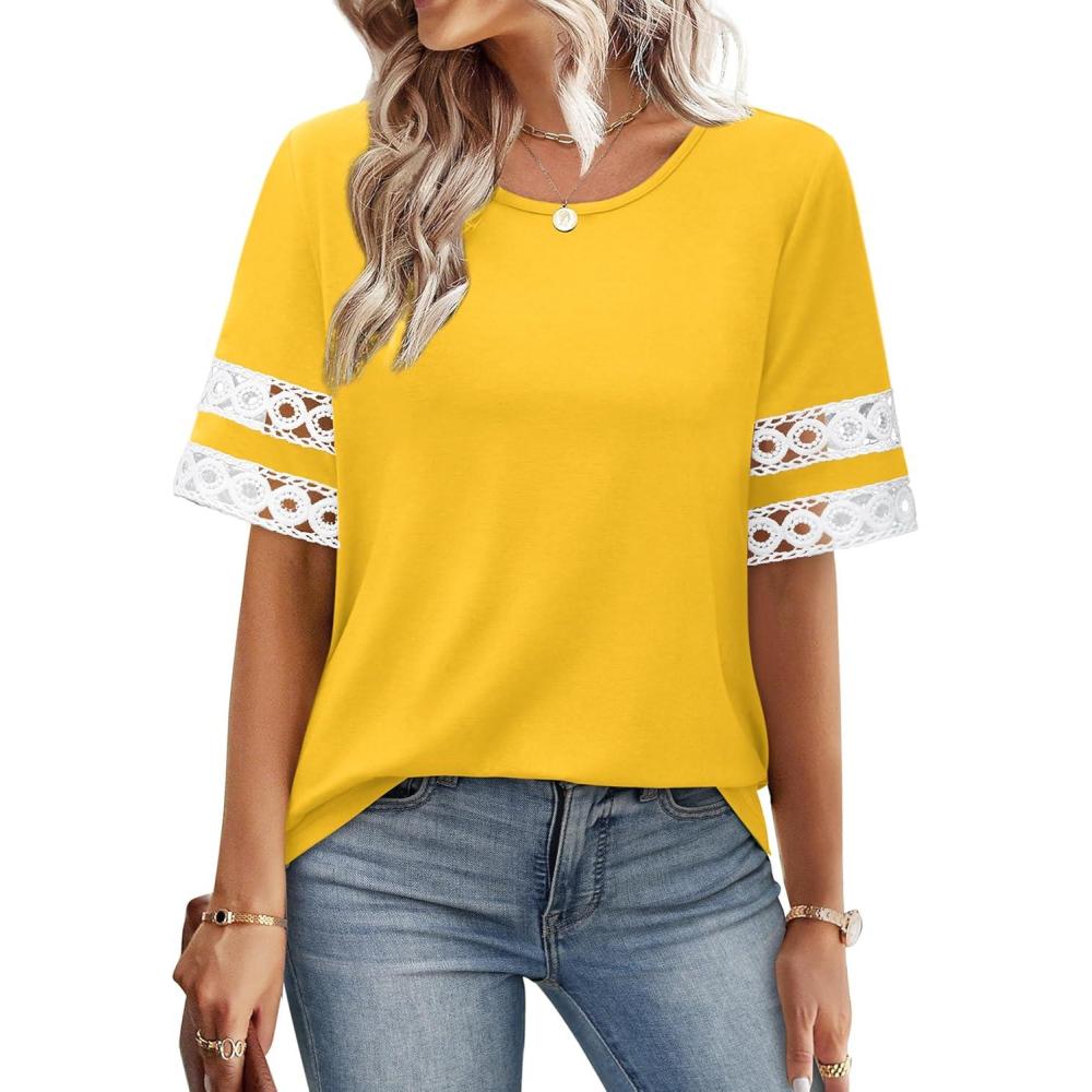 image:imageXIEERDUO Women Blouses Dressy Casual Summer Tops Color Block Short Sleeve Shirts Fashion Business Casual OutfitsYellow
