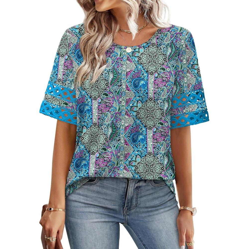 image:imageXIEERDUO Women Blouses Dressy Casual Summer Tops Color Block Short Sleeve Shirts Fashion Business Casual OutfitsZ Blue Print