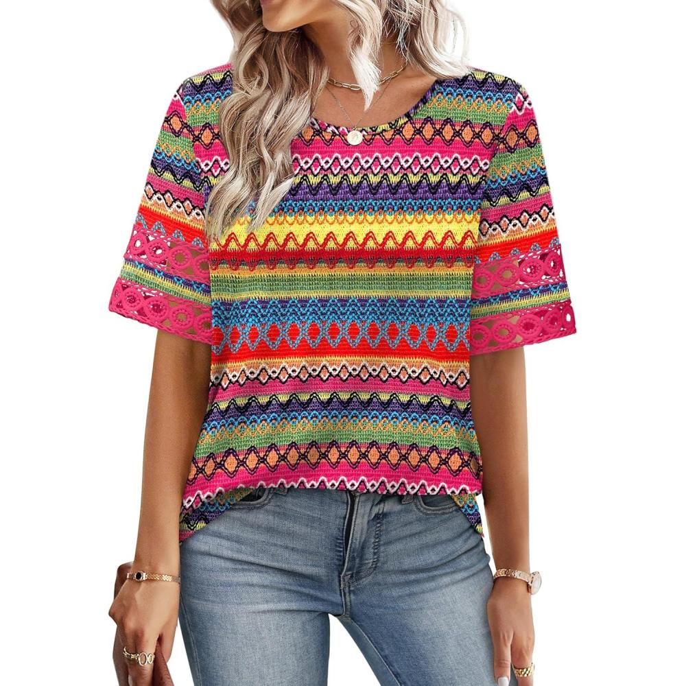 image:imageXIEERDUO Women Blouses Dressy Casual Summer Tops Color Block Short Sleeve Shirts Fashion Business Casual OutfitsZ Colorful Stripe