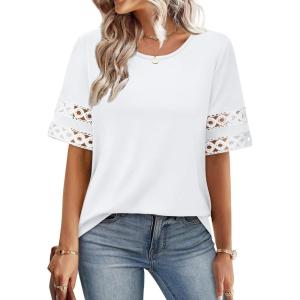 XIEERDUO Women Blouses Dressy Casual Summer Tops Color Block Short Sleeve Shirts Fashion Business Casual Outfits(A White)