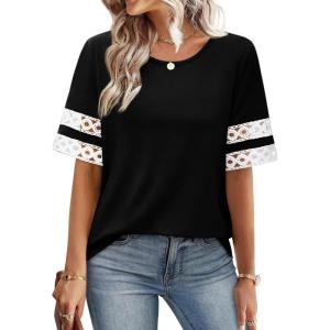XIEERDUO Women Blouses Dressy Casual Summer Tops Color Block Short Sleeve Shirts Fashion Business Casual Outfits(Black)