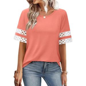 XIEERDUO Women Blouses Dressy Casual Summer Tops Color Block Short Sleeve Shirts Fashion Business Casual Outfits(Coral)