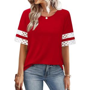 XIEERDUO Women Blouses Dressy Casual Summer Tops Color Block Short Sleeve Shirts Fashion Business Casual Outfits(Red)