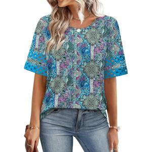 XIEERDUO Women Blouses Dressy Casual Summer Tops Color Block Short Sleeve Shirts Fashion Business Casual Outfits(Z Blue Print)
