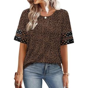 XIEERDUO Women Blouses Dressy Casual Summer Tops Color Block Short Sleeve Shirts Fashion Business Casual Outfits(Z Brown Leopard)
