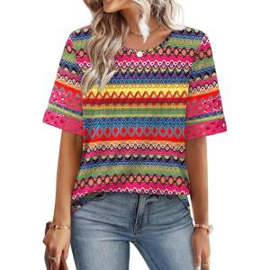 XIEERDUO Women Blouses Dressy Casual Summer Tops Color Block Short Sleeve Shirts Fashion Business Casual Outfits(Z Colorful Stripe)