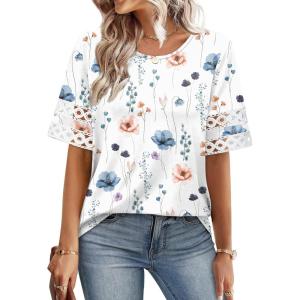 XIEERDUO Women Blouses Dressy Casual Summer Tops Color Block Short Sleeve Shirts Fashion Business Casual Outfits(Z White Floral)